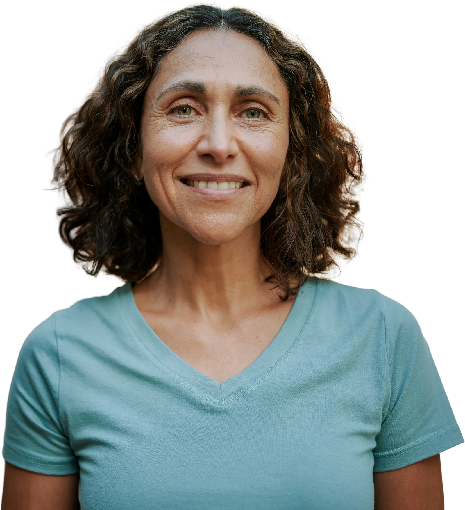 Smiling woman with curly dark hair looking forward